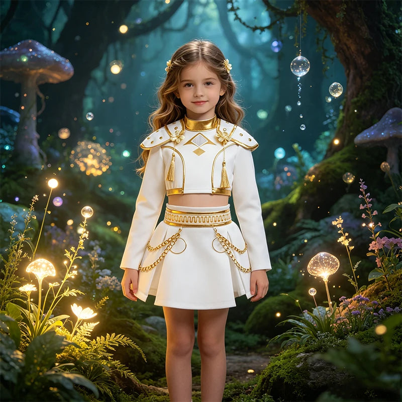 Girls White Gold Cosplay Costume Set Shoulder Pads Design Chain Skirt Fashion Outfit for Halloween Birthday Party Role Play
