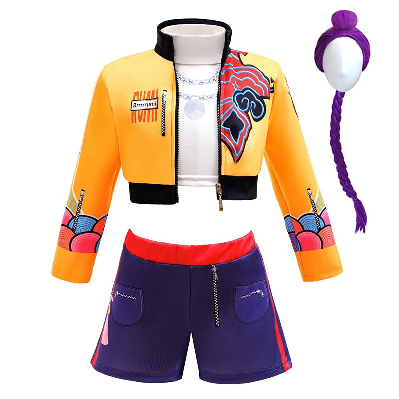 Kids Girls Street‑Style Fancy Cosplay Kit 3D Printed Cropped Jacket Shorts for Halloween Birthday Theme Party Role‑Play Outfit