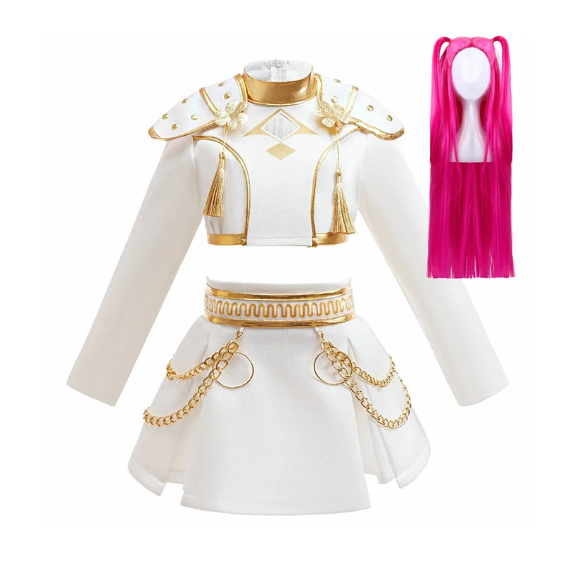 Girls White Gold Cosplay Costume Set Shoulder Pads Design Chain Skirt Fashion Outfit for Halloween Birthday Party Role Play