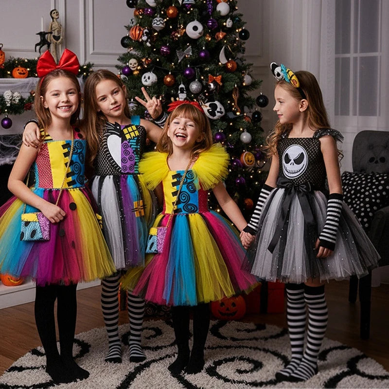 4 Styles Sally/jack Costumes for Girls Halloween Carnival Dresses Kids Scary Disguise Outfit Children Fancy Clothes Tutu Outfit