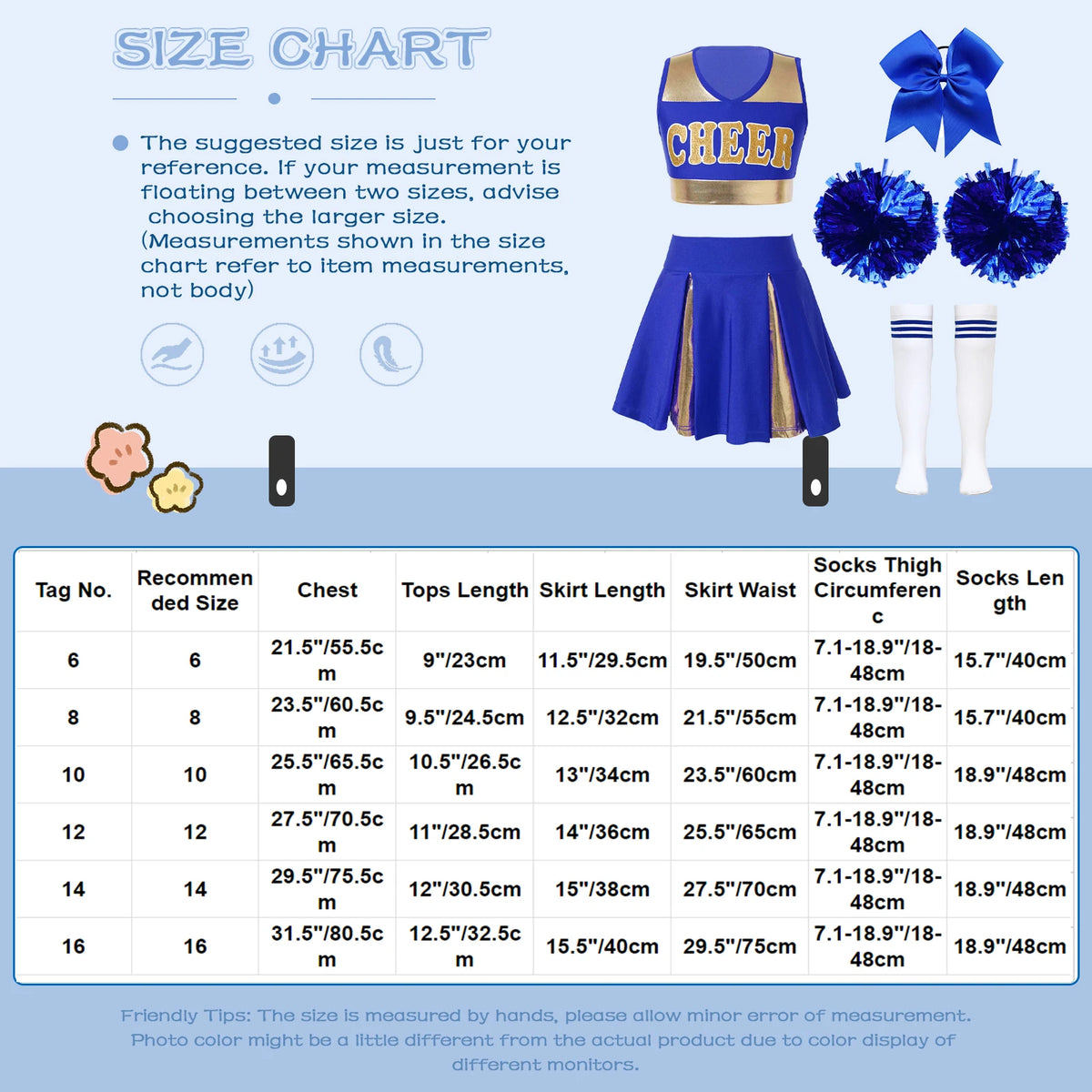5Pcs Kids Girls Halloween Cheerleader Costume Outfit Uniform Set Cheerleading Dance Dress with Socks Pompom for Role Play Party