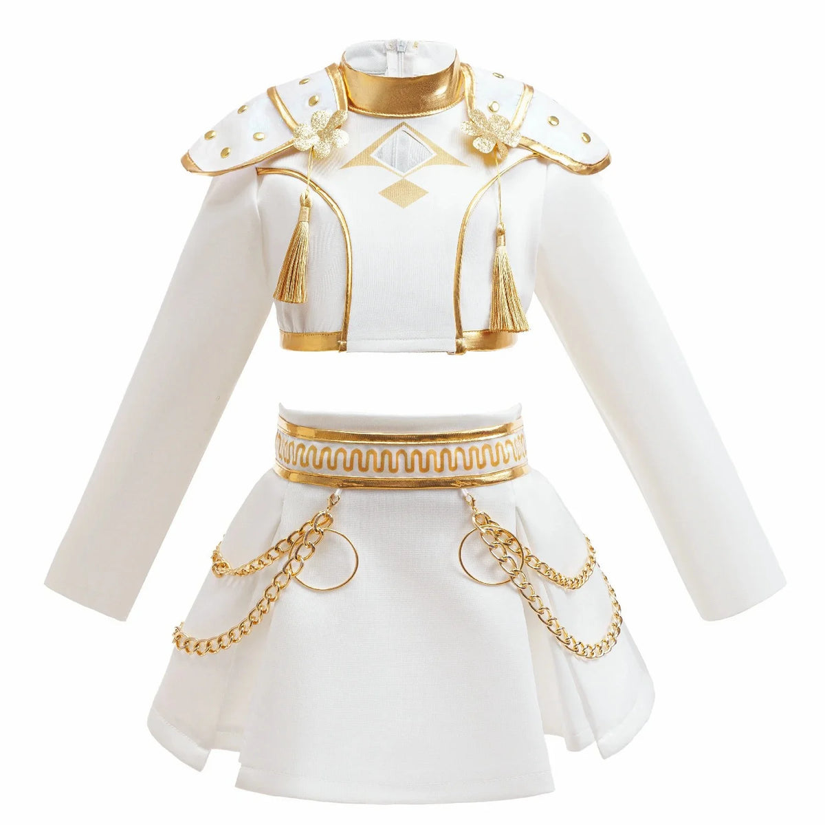 Girls White Gold Cosplay Costume Set Shoulder Pads Design Chain Skirt Fashion Outfit for Halloween Birthday Party Role Play