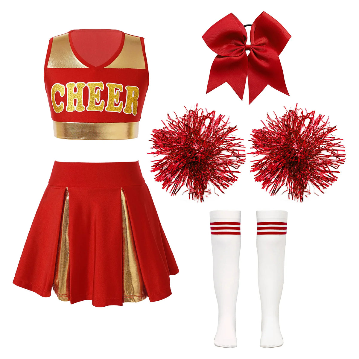 5Pcs Kids Girls Halloween Cheerleader Costume Outfit Uniform Set Cheerleading Dance Dress with Socks Pompom for Role Play Party