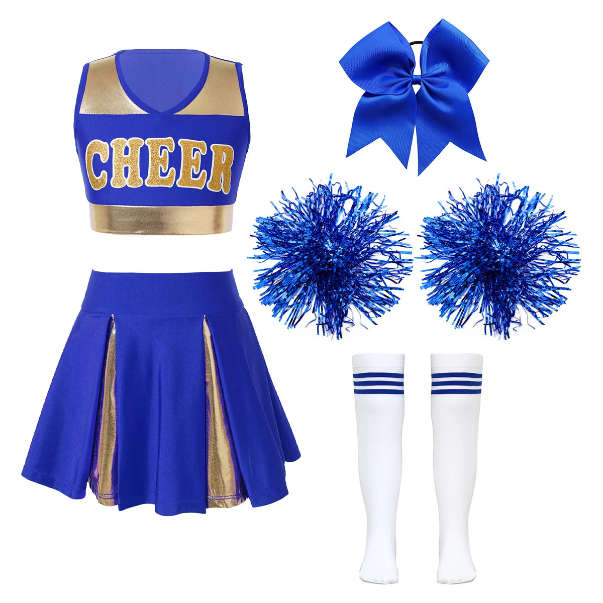 5Pcs Kids Girls Halloween Cheerleader Costume Outfit Uniform Set Cheerleading Dance Dress with Socks Pompom for Role Play Party