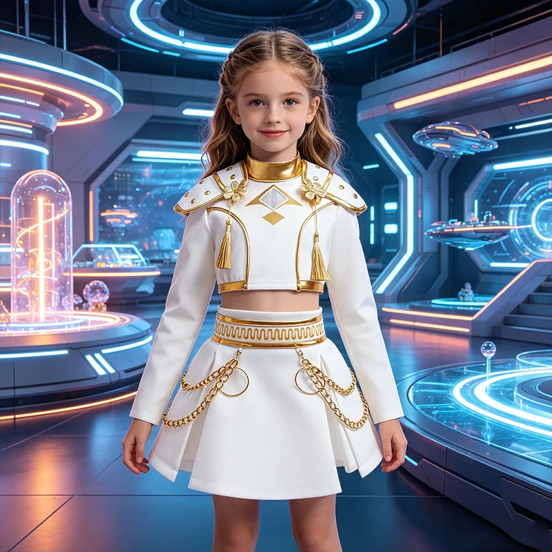 Girls White Gold Cosplay Costume Set Shoulder Pads Design Chain Skirt Fashion Outfit for Halloween Birthday Party Role Play