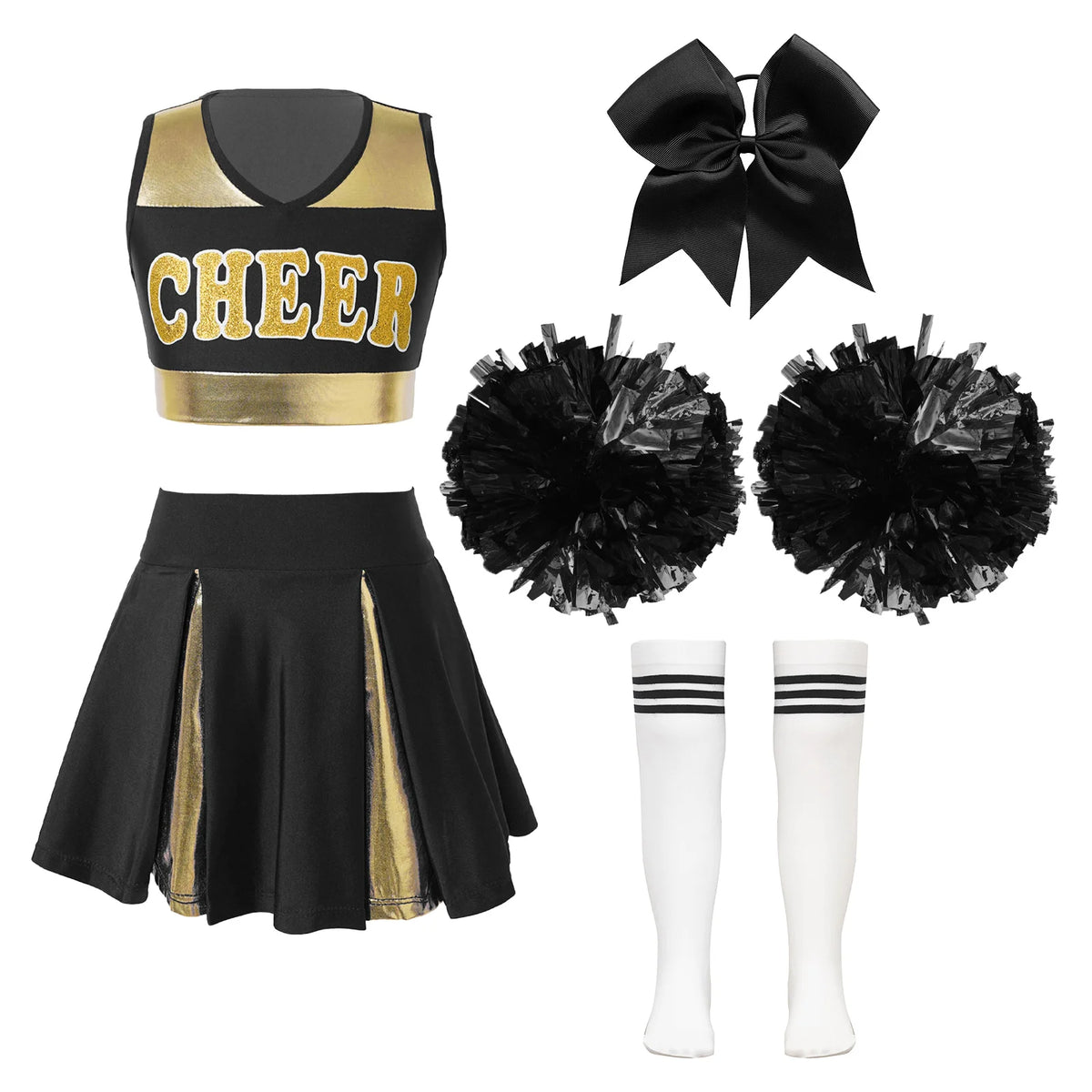 5Pcs Kids Girls Halloween Cheerleader Costume Outfit Uniform Set Cheerleading Dance Dress with Socks Pompom for Role Play Party